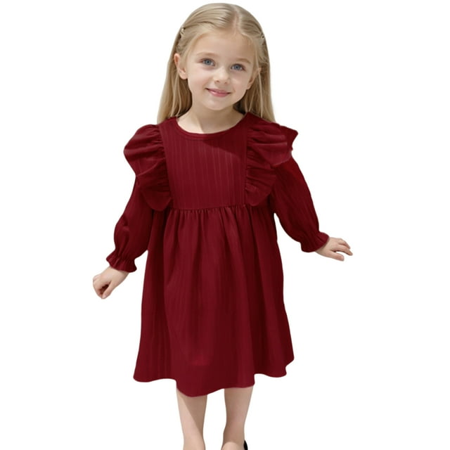 Girls Princess Gown Performance Long Sleeve Ruffle Detail Kids Girls Dress Casual Crew Neck Soft Fabric A Line Dress for Kids Daily Wear Princess Dress Up for Girls 4-6 (Red 90)