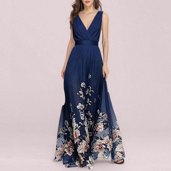 Navy Blue Floral V-Neck Wrap Maxi Dress With Belt 30838