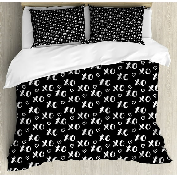 Abstract Duvet Cover Set Queen Size, Internet Abbreviation Conceptual Theme Xoxo Brush Stroked Lettering and Hearts, Decorative 3 Piece Bedding Set with 2 Pillow Shams, Black White, by Ambesonne
