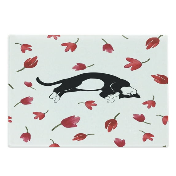 Modern Cutting Board, Kitty Sleeping Surrounded by Tulips Cat Animal Pet Creature Print, Decorative Tempered Glass Cutting and Serving Board, Large Size, Black White Pink, by Ambesonne