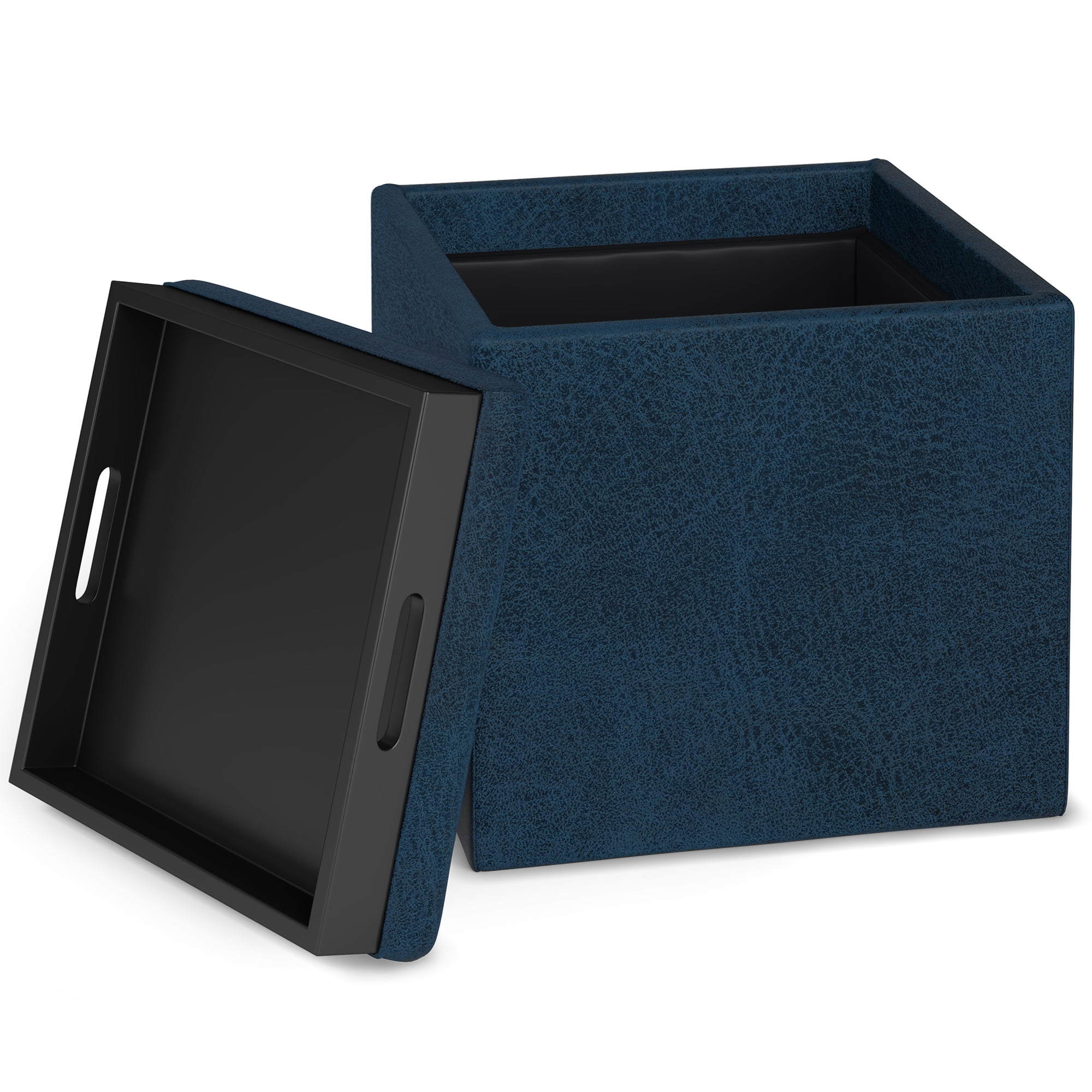 Rockwood 17 inch Wide Cube Storage Ottoman with Tray in Distressed Dark Blue Vegan Leather