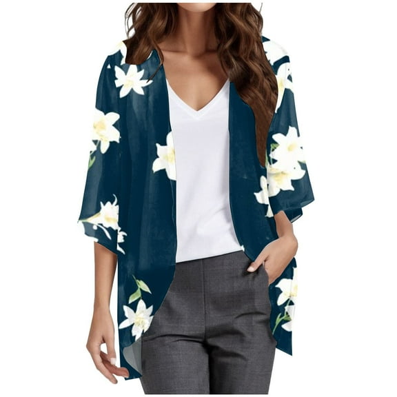 BLOCLOALO 3/4 Sleeve Blouses Open Front Cardigan Women's Printed Fashionable Casual Cropped Chiffon Cardigan Top Chiffon Tops Lightweight Thin Cardigans Comfy Cardigan Black L