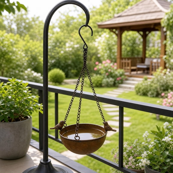 Sahpxhe Hanging Bird Bath for Outside, Metal Bowl with Bird Figurines Vintage Feeder Tray Water Basin Backyard Bird Decor for Outdoor Garden Yard Patio Brown