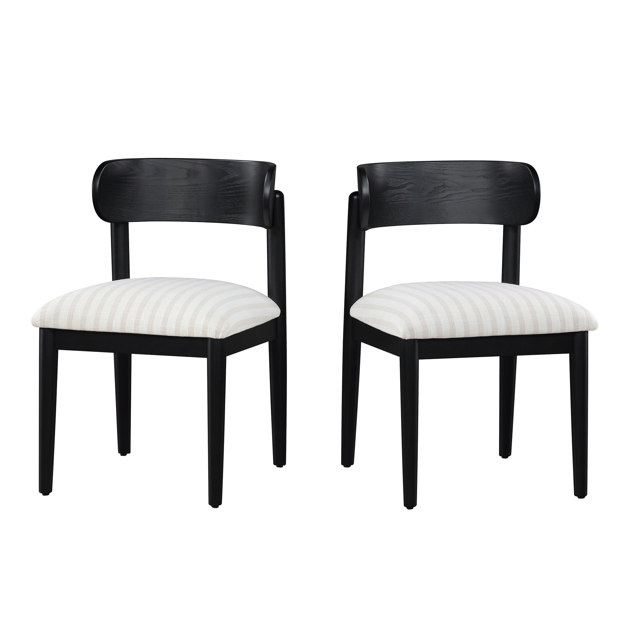 Beautiful Drew Dining Room Chairs by Drew Barrymore, Rich Black with Striped Fabric, Set of 2
