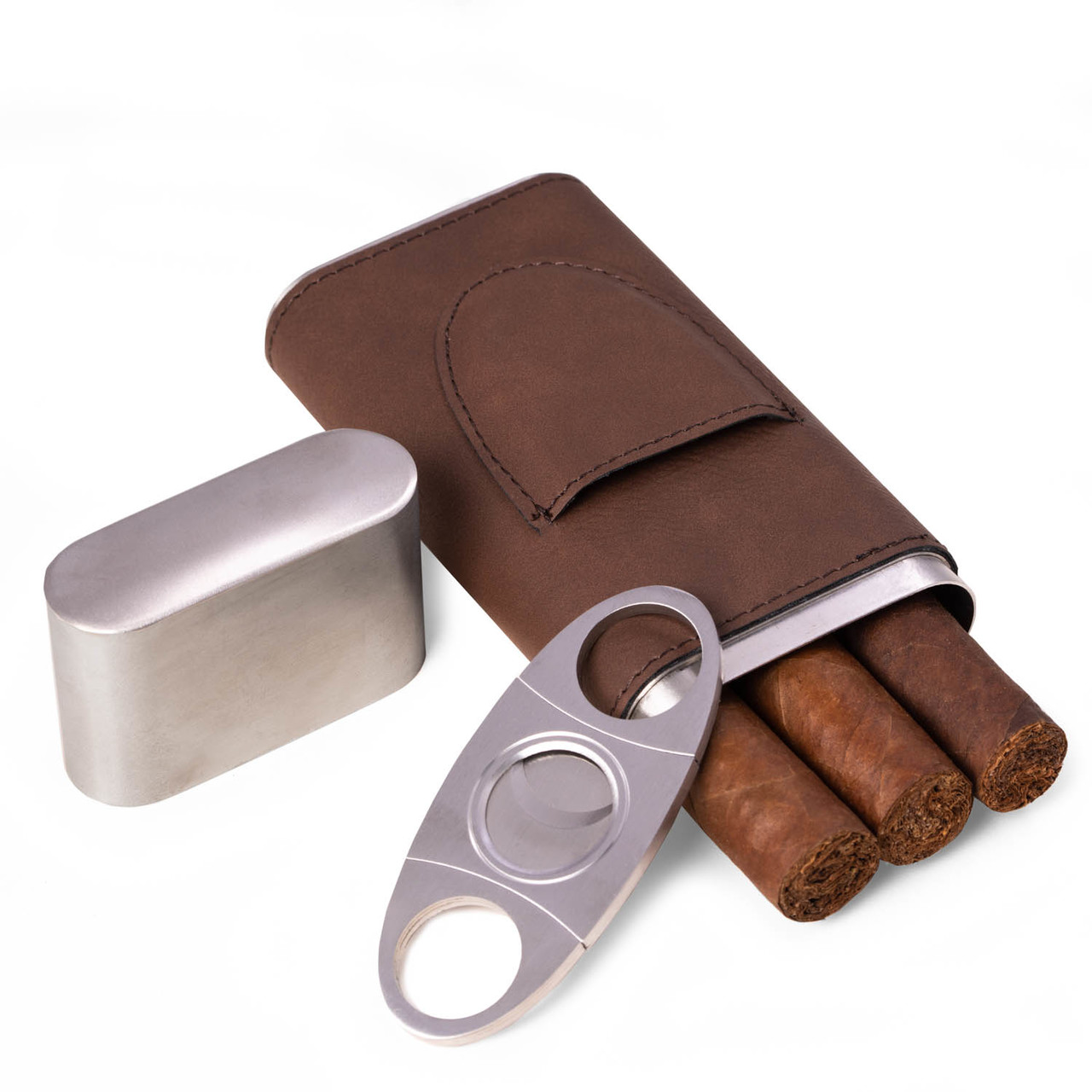 Bey Berk Brown Leather 3 Cigar Case with Cigar Cutter