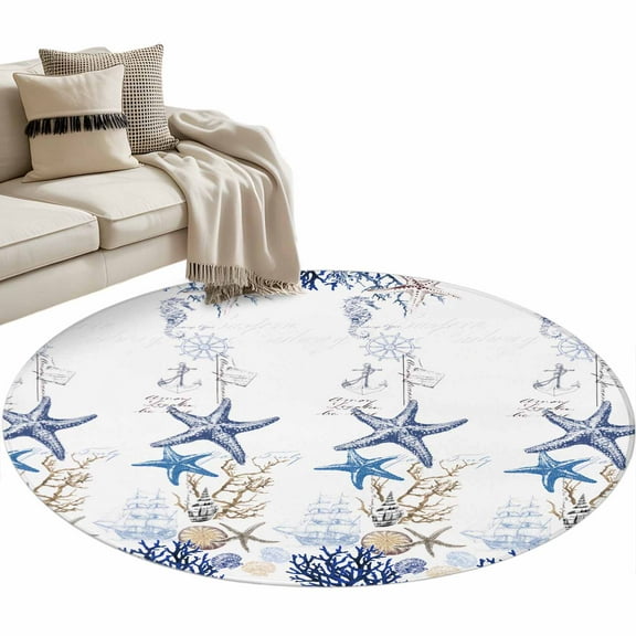 Starfish Round Area Rug 3 FT, Small Kitchen Bathroom Mat, Blue Ocean Coastal Coral Shell Nautical Boat Washable Indoor Outdoor Throw Runner Carpet Non-Shedding Doormat for Table Shower Sofa Entryway