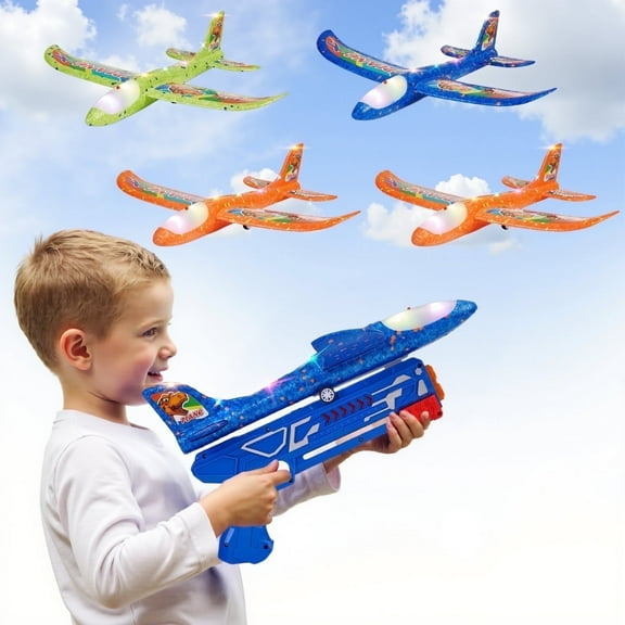4-Pack Airplane Launcher Toy with Foam Gliders,LED Lights and 3 Dinosaur Stickers