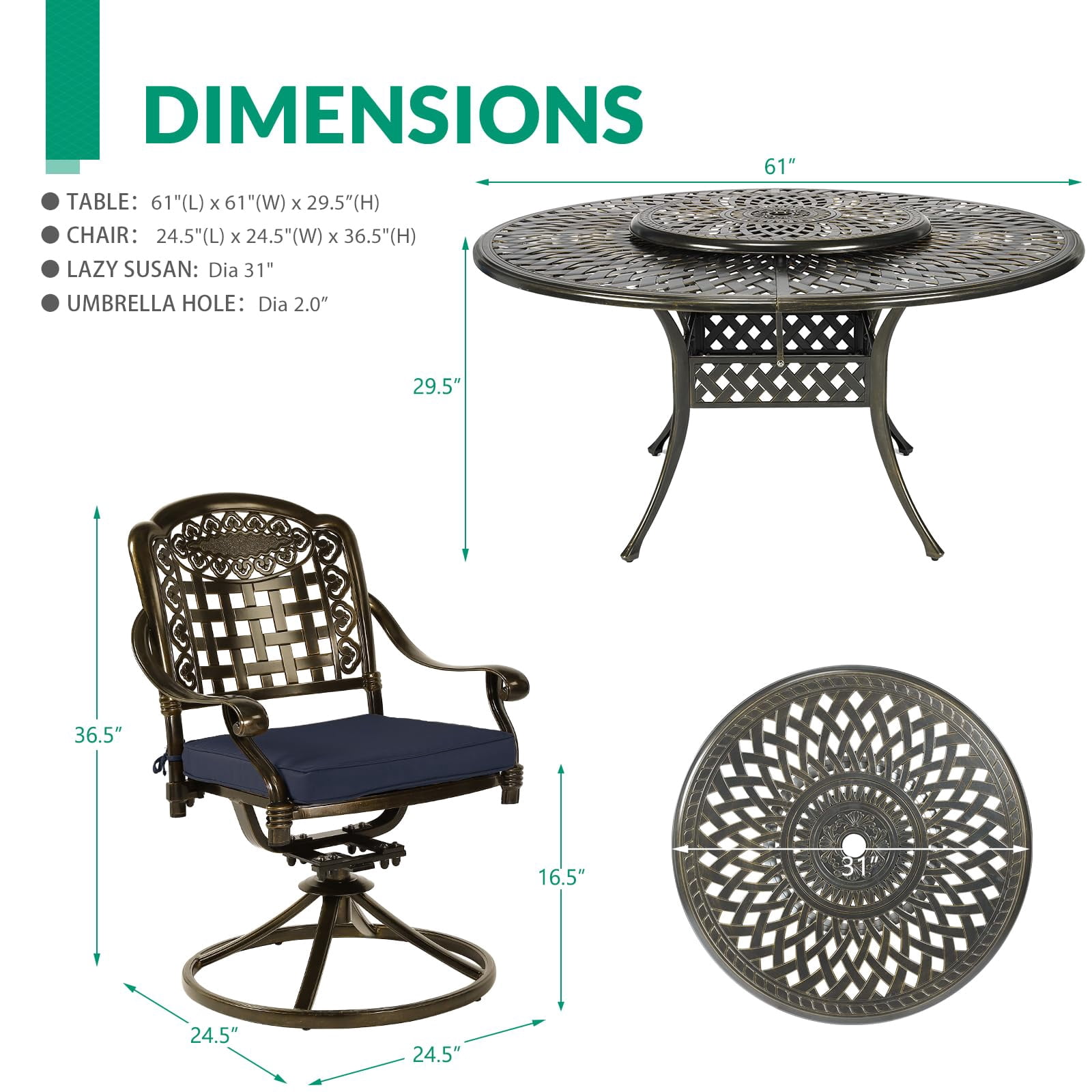 VIVIJASON 9-Piece Outdoor Furniture Dining Set, Rust-Free Cast Aluminum Patio Conversation Set, Include 8 Swivel Dining Chairs & 61" Round Dining Table with 31" Lazy Susan, Umbrella Hole, Navy Blue