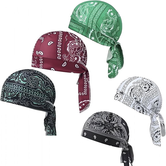 TELOLY 5 Pack Elastic Cycling Sports Cap,Paisley Cooling Headscarf Cap Set,Bandana Beanie Head Wrap