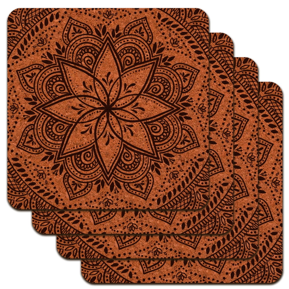 Henna Flower Art Tattoo Marriage Low Profile Novelty Cork Coaster Set