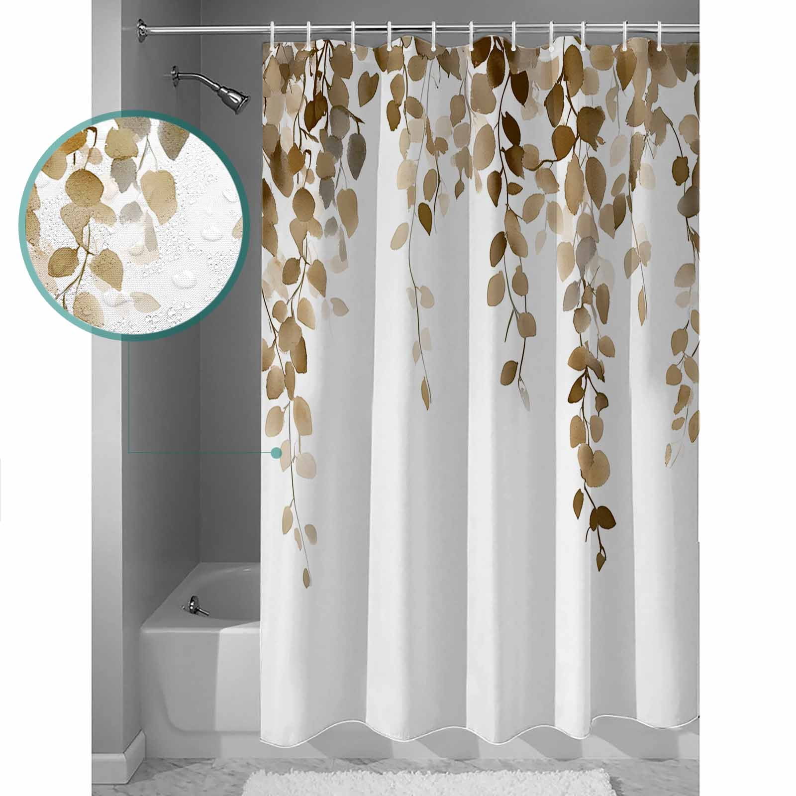 Small Stall Shower Curtain 36x78 Inch Narrow Half Size Brown Eucalyptus Leaves Bath Curtains Bathroom Decor Watercolor Summer Botanical Waterproof Fabric Shower Curtain Set with Hooks 36 Inch