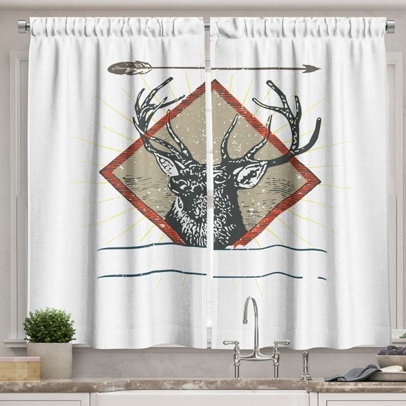 Ambesonne Deer Hunting Kitchen Curtains, Hipster Wild Antler, 55"x39", Burnt Sienna Pale Sepia
