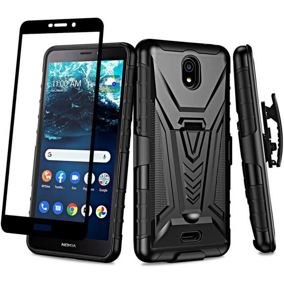 Compatible for Nokia C100 Case with Holster Belt Clip Hybrid Shockproof Protective Phone Cover with Kickstand - Black