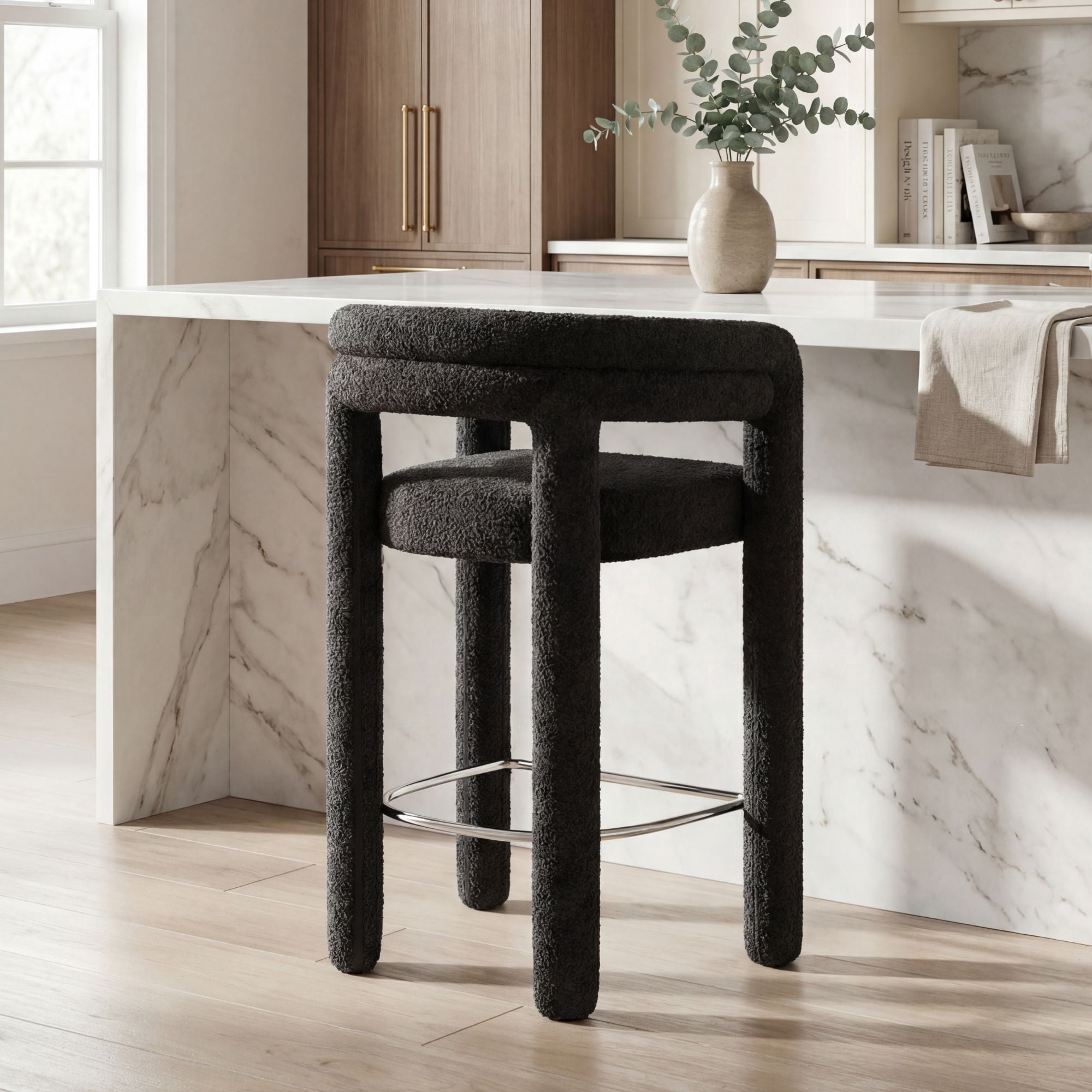 Dayalane 26" Counter Height Bar Stools Set of 1, Modern Sherpa Barrel Barstools with Back and Armrests, Stainless Steel Footrest for Kitchen Island, Black