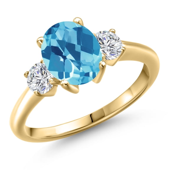 Gem Stone King 10K Yellow Gold Swiss Blue Topaz and Lab Grown Diamond Engagement Ring for Women | 2.79 Cttw | Oval Checkerboard 9X7MM | Gemstone November Birthstone | Size 6