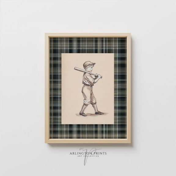 Miluva Baseball Nursery Wall Art, Neutral Plaid Sports Room Print, Vintage Boys Room Decor, Printable Baseball Dc-92 Decor For Living Room Bedroom, 8x12 UNFRAMED