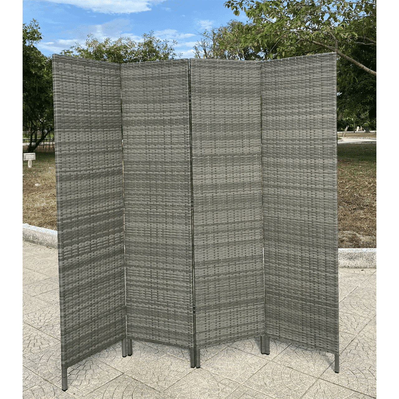 4 Panels Patio Outdoor Privacy Screen Room Divider Grey Resin Wicker Weather Resistant