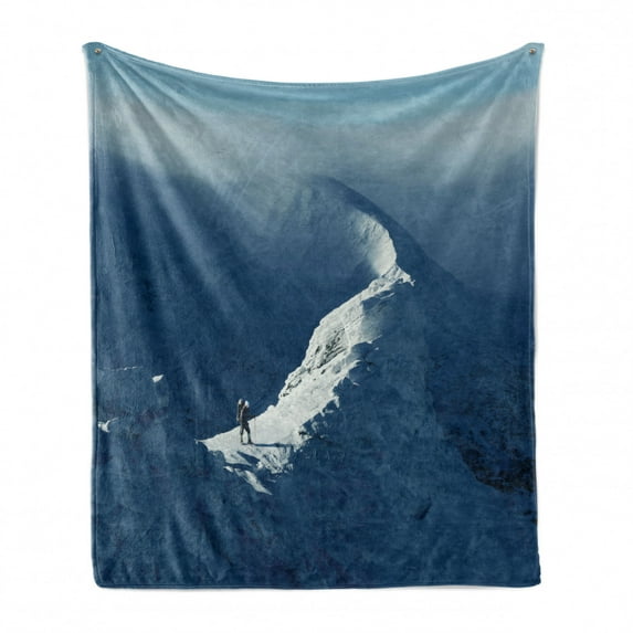 Nature Soft Flannel Fleece Throw Blanket, Sunny Day in the Mountains Tourist Standing on a Rock Adventurous Lifestyle, Cozy Plush for Indoor and Outdoor Use, 50" x 70", Slate Blue White, by Ambesonne