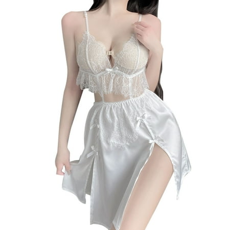 Midwennn Sexy Lingerie For Women Deep V Lace Suspender Skirt Stitching Translucent Satin Pajamas Thong Lingerie for Women Unwrap Womens Lace Robe Lingerie Long