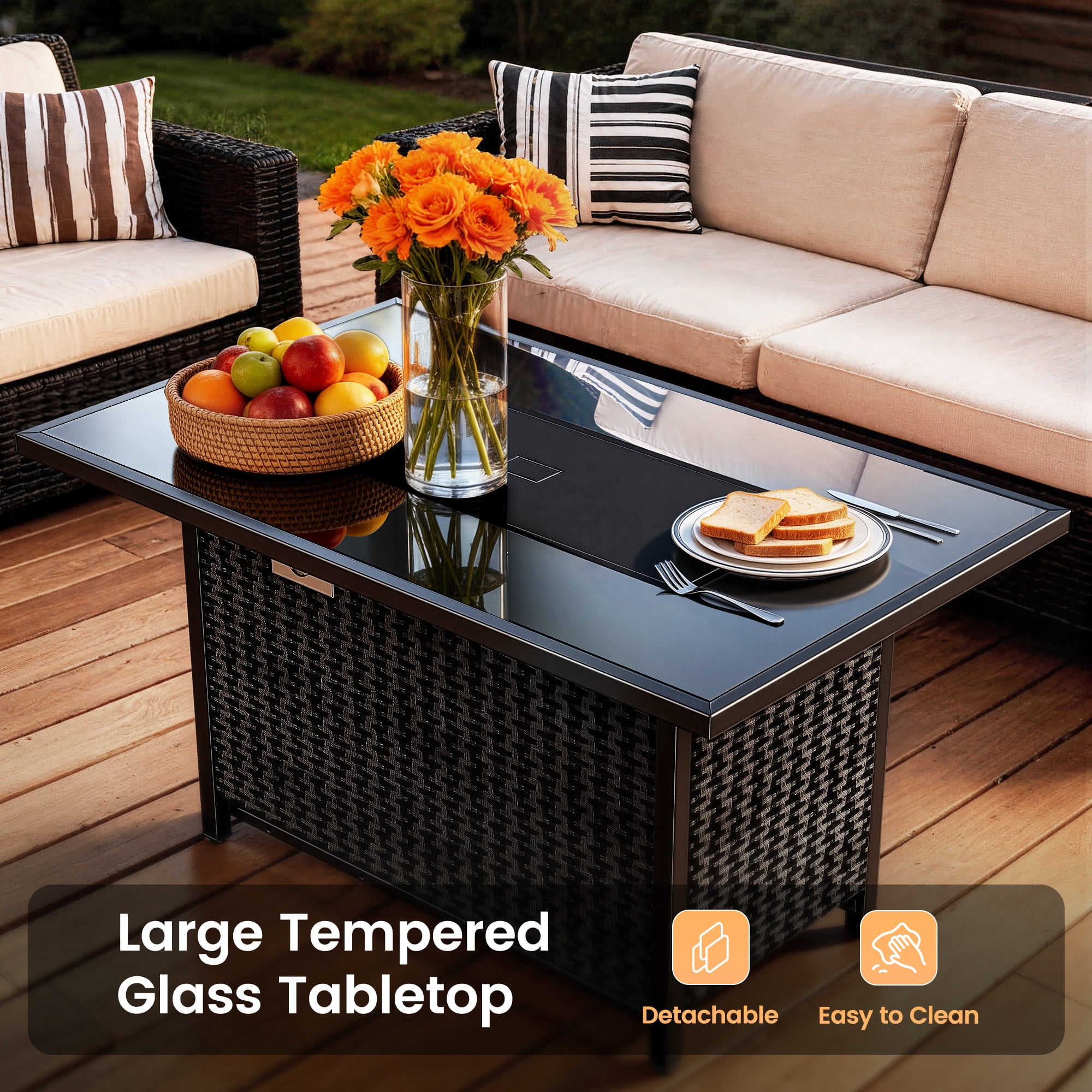 Philergo 43" Propane Fire Pit Table with Tempered Glass Tabletop, 60,000 BTU Rectangular Gas Fire Pit with Blue Glass Rocks, Wind Guard and Lid for Outdoor, Patio, CSA-Listed, Adjustable Feet Pad
