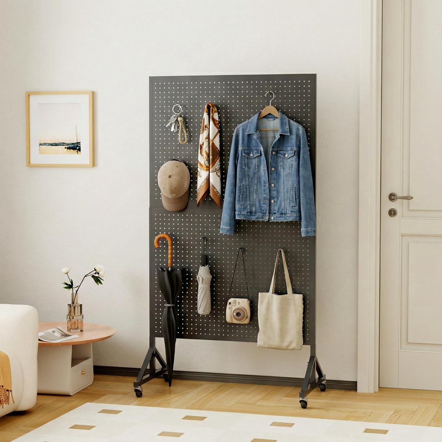 HAIDAIYA Metal Pegboard Display Stand, 3.5' x 5.5' Large Standing Peg Board Panel with 40 Hooks and Wheels, Adjustable Height, Pegboards for Office, Garage, Vendor, Retail Display Rack (Black)