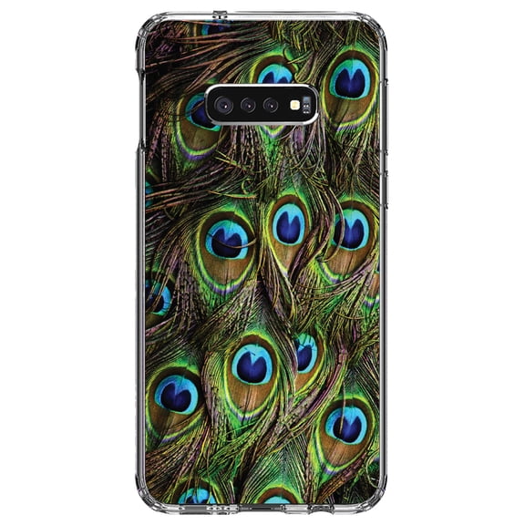 DistinctInk Clear Shockproof Hybrid Case for Samsung Galaxy S10e (5.8" Screen) - TPU Bumper, Acrylic Back, Tempered Glass Screen Protector - Peacock Feathers - Animal Print