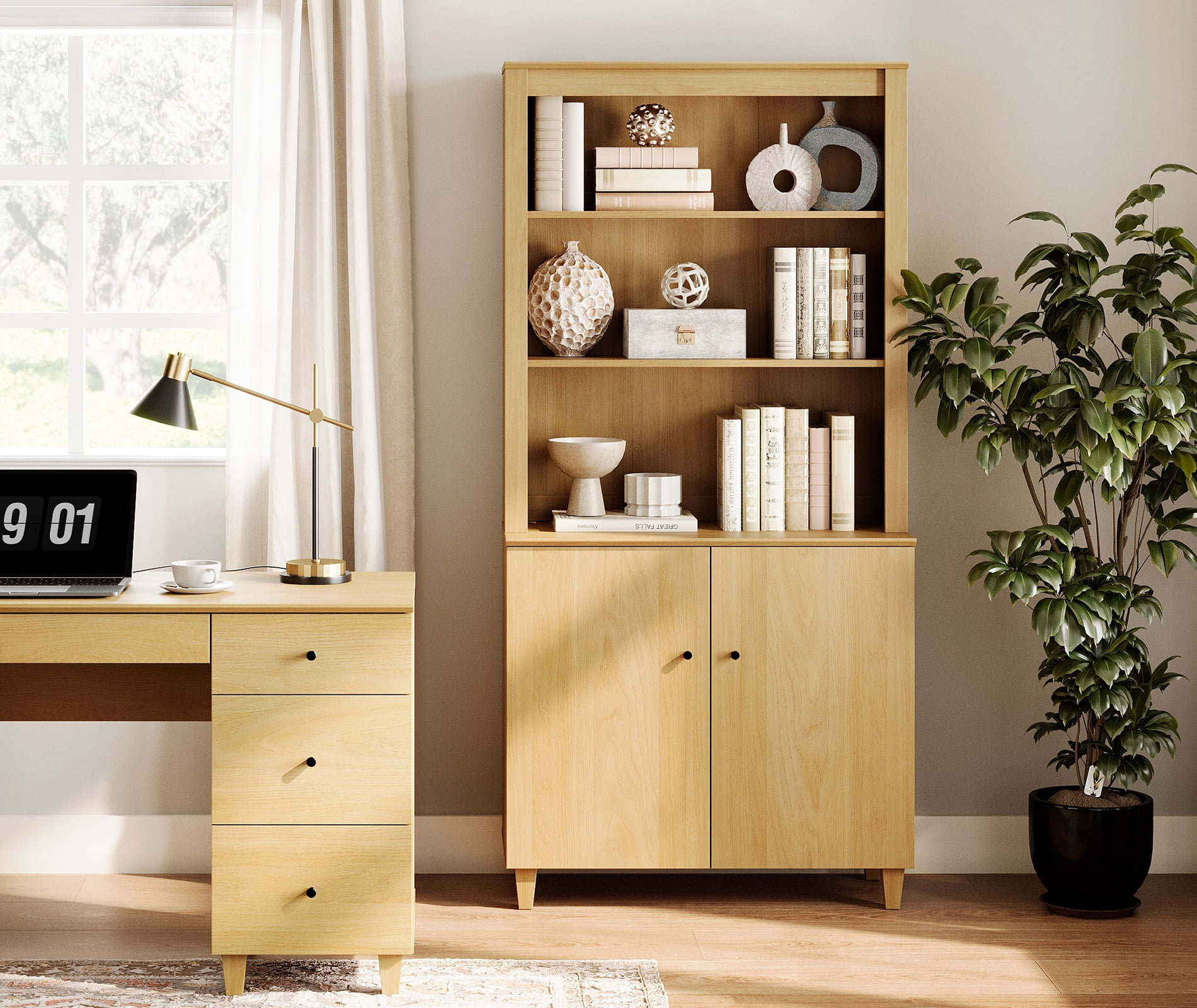 Modern 71" Tall Bookcase with Doors & Storage Cabinet for Home Office,Oak Wood
