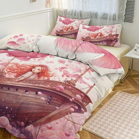 Ocean Mermaid Coral Bedding Set with Zipper Closure for Girls & Boys