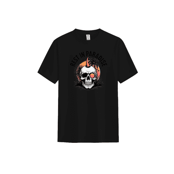 ASKITO"REST IN PARADISE" Skull & Sunset Graphic Tee - Cotton, Unisex,Round Neck, All-Season Edge | Black Cotton Punk Rock Apparel