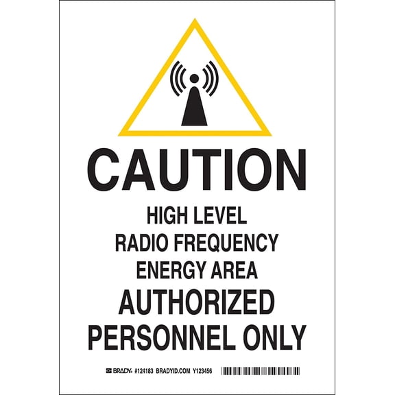 Brady 124184 Radiation and Laser Sign, Legend"Caution High Level Radio Frequency Energy Area Authorized", 14" Height, 10" Weight, Black and Yellow on White