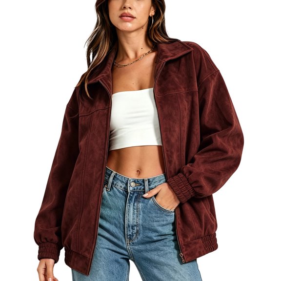 JUUNthy Women's Faux Suede Jacket, Long Sleeve Zip Up Lapel Collar Elastic Hem Fashion Streetwear Outerwear Burgundy XL