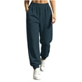 thumbnail image 3 of Women's Fleece Lined Solid Cuffed Ankle Sweatpants, High Elastic Drawstring Waist Side Pockets, Soft Warm All Season Casual Sport Jogger | TruHer,Dark Blue S, 3 of 9