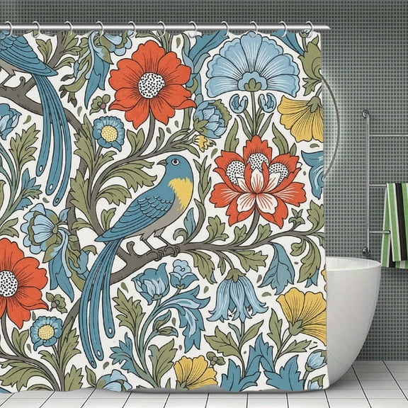 Blue Birds Flowers Print Shower Curtain,Modern Fabric Waterproof Shower Curtain Set with Hooks 70.8×70.8Inch (180×180cm)