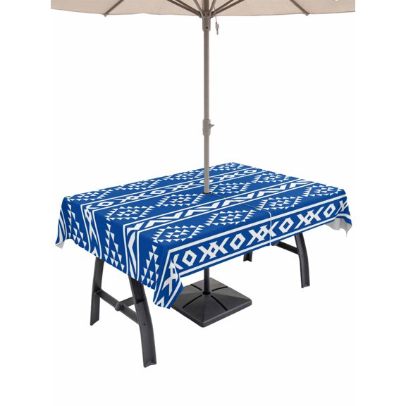 Outdoor Tablecloth with Umbrella Hole for Patio/Picnic/Party/Camping, Blue Boho Waterproof Table Cloth Rectangle Table Cover Washable, Abstract Geometric Bohemia Ethnic Striped (54"x 80")