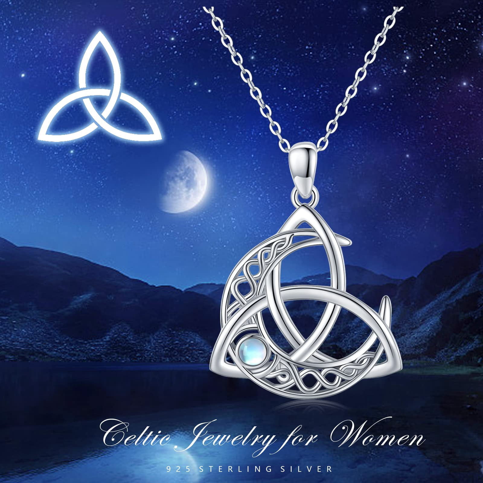 Midir&Etain Celtic Moon Necklace 925 Sterling Silver/Moonstone/turquoise Celtic Knot Pendant Necklace Crescent Irish Necklace Celtic Jewelry Women's Men's Gift