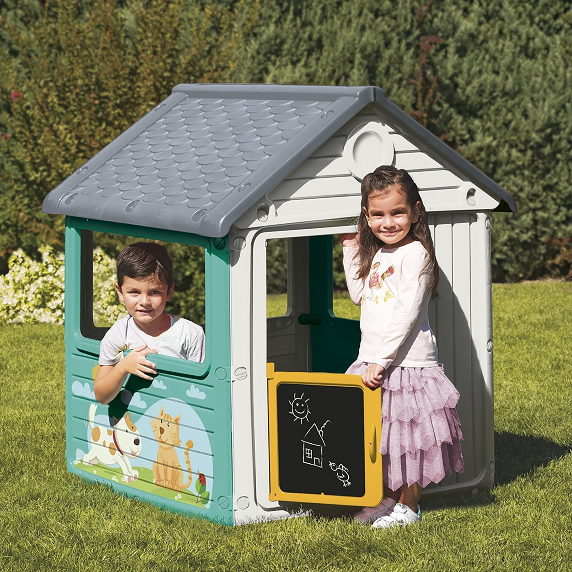 Dolu: My First House: White & Green - Playhouse, Indoor & Outdoor Toy, Cat & Dog Decal, Waterproof & Durable, Imaginative Play, Toddler Kids Age 2+