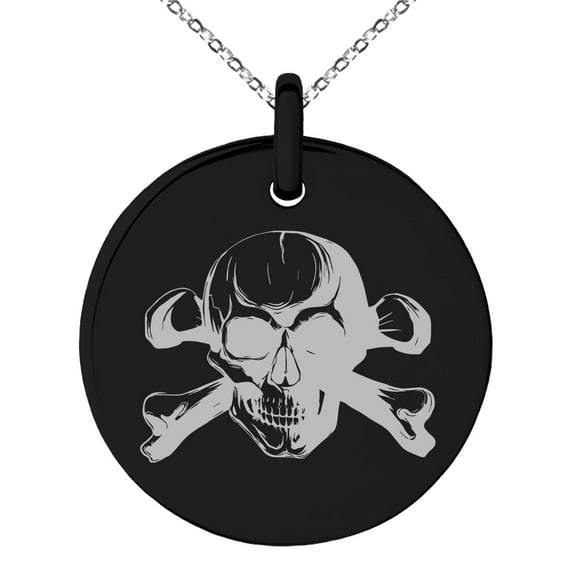 Stainless Steel Iconic Pirate Crossbones Skull Engraved Small Medallion Circle Charm Pendant Necklace