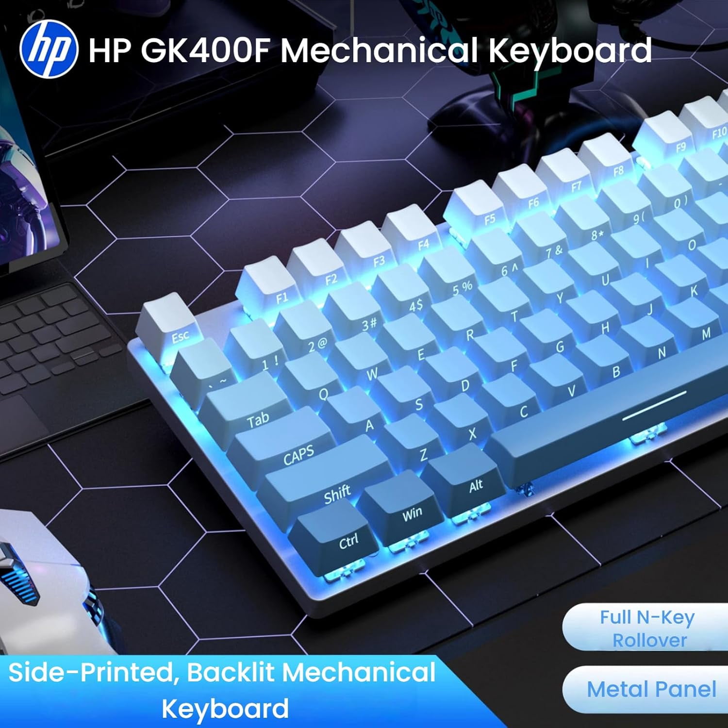HP GK400F Wired Mechanical Keyboard – 104-Key Brown Switches, USB Connection, Dual-Use for Office & Gaming, Silver/Glacier Blue, Side-Printed Keycaps