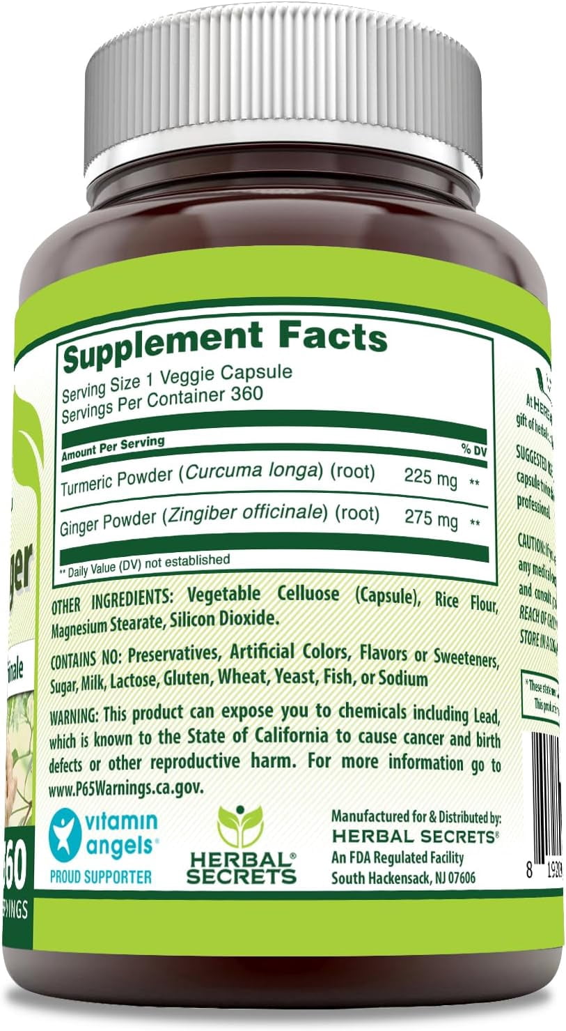 Herbal Secrets Turmeric & Ginger 500 Mg Per Serving 360 Veggie Capsules Supplement | 225mg of Turmeric & 275mg of Ginger | Non-GMO | Gluten Free | Made in USA