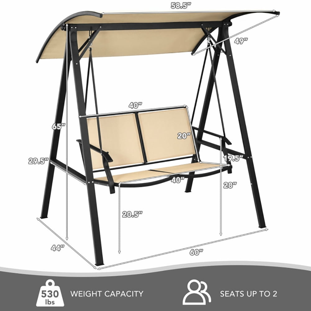 Aimee Lii Outdoor Porch Steel Hanging 2-Seat Swing Loveseat with Canopy, Outdoor Swing Chair, Beige