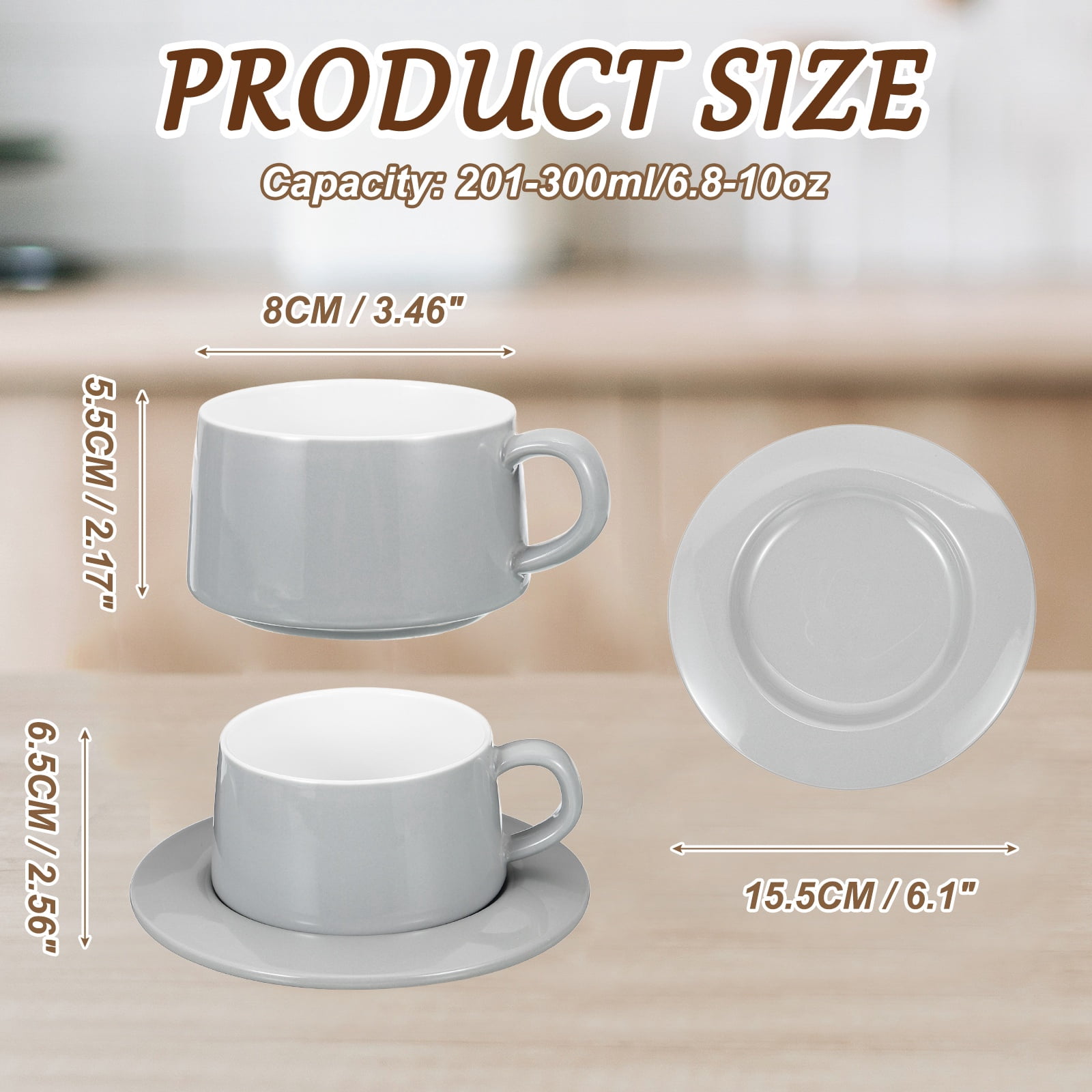 Uxcell 10oz Ceramic Coffee Mugs with Saucer Set, Creative Cute Cup with Handle Unique Irregular Design for Coffee Lovers Gift Tea Espresso Latte Kitchen Cafe Party, Dishwasher Gray