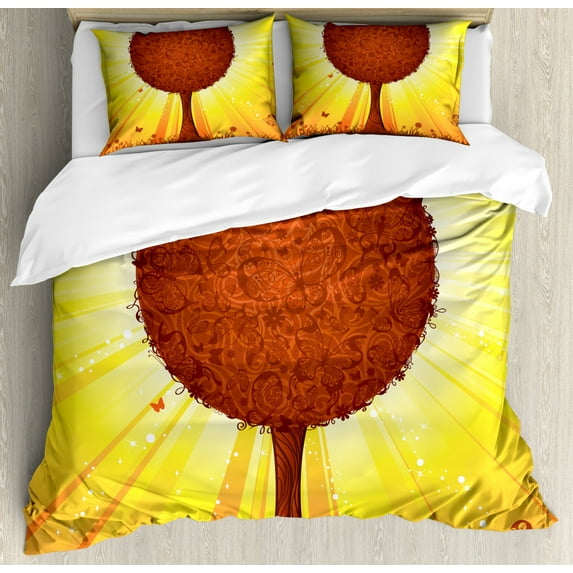 Tree Duvet Cover Set King Size, Nature Themed Fantasy Illustration with Starburst Stripes and Butterflies, Decorative 3 Piece Bedding Set with 2 Pillow Shams, Brown Yellow and Orange, by Ambesonne