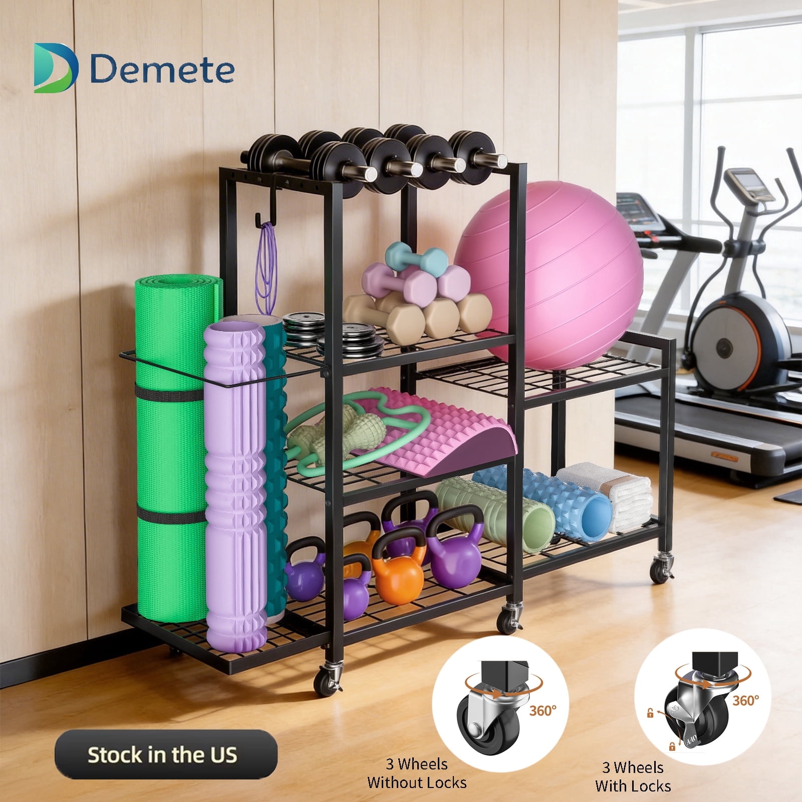 Demete Freestanding Gym Storage Rack Metal Organizer for Yoga Mats Dumbbells Fitness Accessories