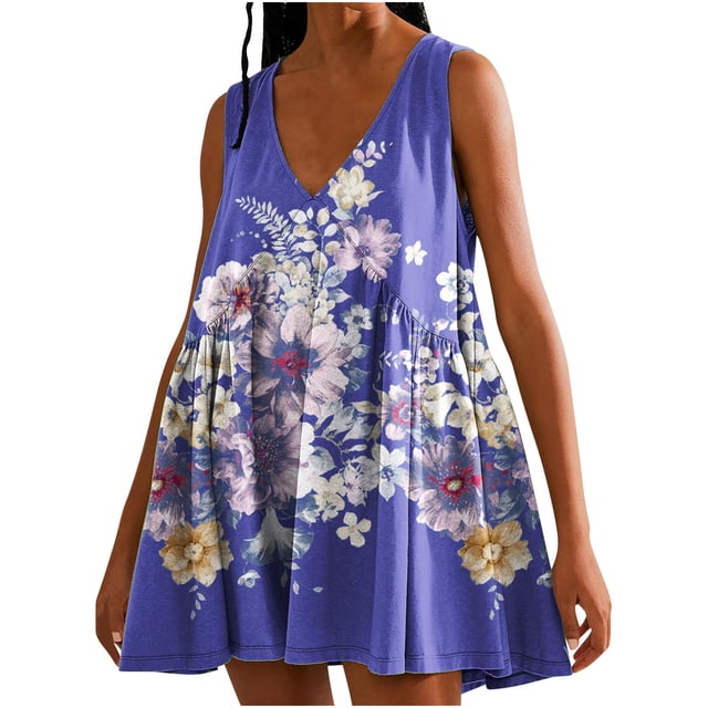 Vestido de Verano Casual, Vestido de Cuello en V sin Mangas Impreso Suelto Hecho de Poliéster Cómodo para el Uso Diario de Verano de Primavera, Vestido de Verano de Mujer