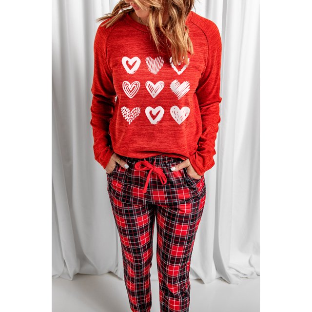 ABPHQTO Ropa de salón de dos piezas con estampado gráfico de corazón rojo para mujer