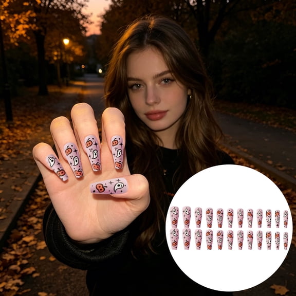 24Pcs Halloween Press On Nails Long Coffin, Pumpkin French Tip False Nails with Glossy Finish, Full Cover Glue On Artificial Nails, Reusable Holiday Stick On Nail Set for Women
