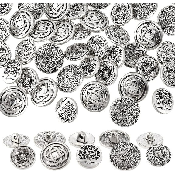 50Pcs Sewing Shank Buttons 5 Styles Vintage Alloy Shank Buttons Flower/Tree of Life Silver Round Decorative Sewing Buttons for Blazer Uniform Shirt Coats Jacket Sewing DIY Crafts diy