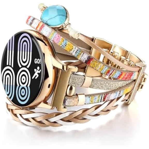 20mm Boho Watch Band Compatible with Samsung Galaxy Watch 7/6/4/5/Active 2 Watch Band 40mm 44mm/Galaxy Watch 5 Pro 45mm/Watch 3 41mm/Watch 4 Classic 42mm 46mm, Leather Strap Watch Bracelet Women Men