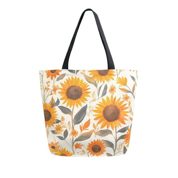 FORMRS Womens Canvas Tote Bag with Zipper Inner Pocket Shoulder Handbag, Watercolor Sunflowers and Leaves