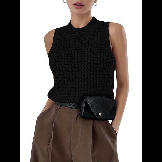 Suéter de Punto de Verano para Mujer, Camiseta Sin Mangas con Cuello Redondo de Crochet, Blusa Informal Sin Mangas con Aberturas Negro XL